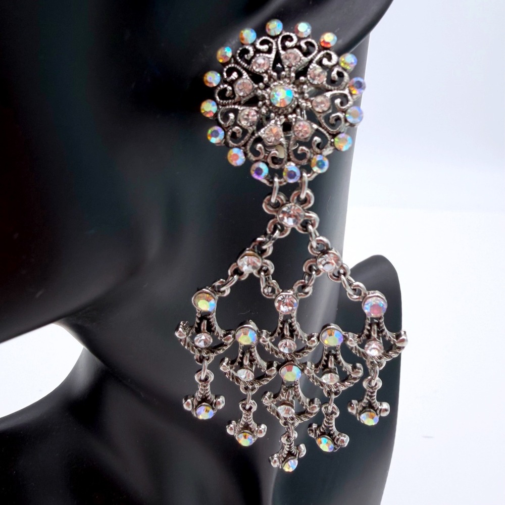 Vintage AB Rhinestone Chandelier Clip On Earrings Silver Tone Bridal Glam